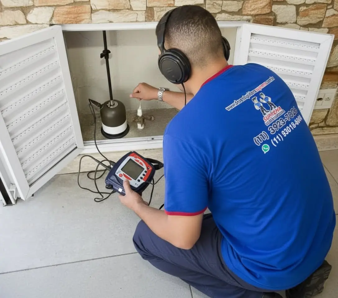Técnico da Suprema com fones e geofone procurando vazamento no cavalete de água