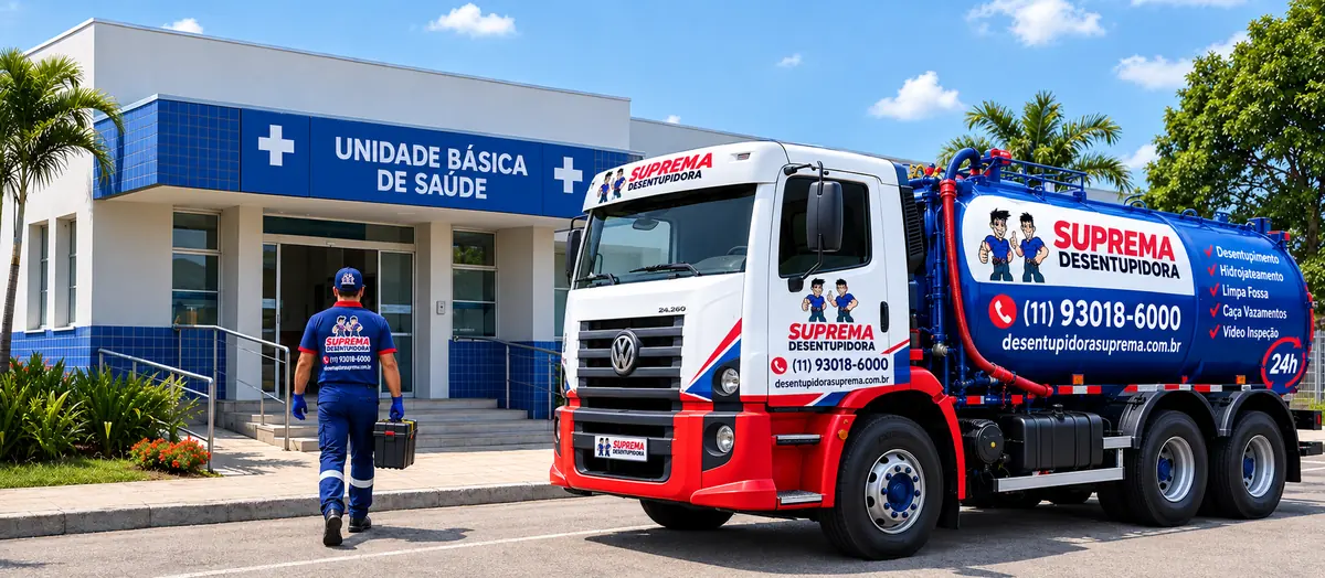 Caminhão auto vácuo da Suprema Desentupidora em atendimento a uma unidade de saúde, com técnico levando a caixa de ferramentas