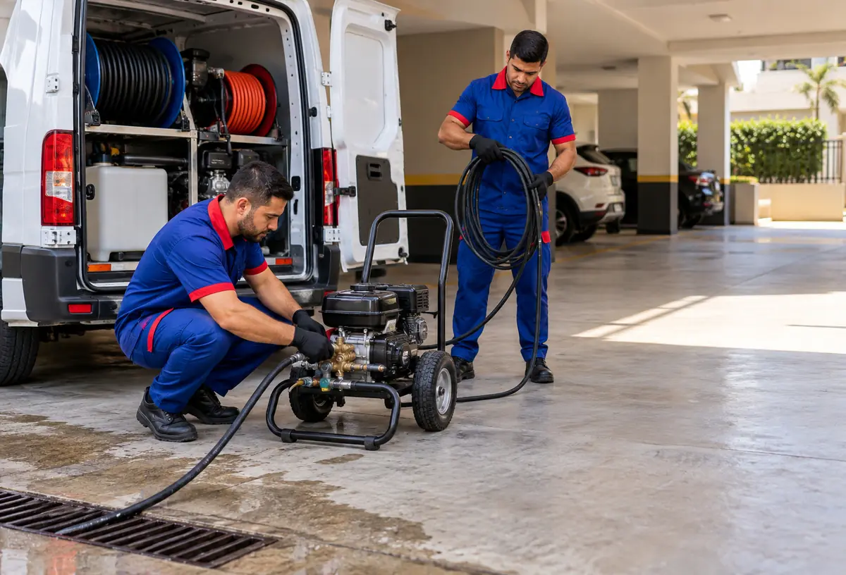 Equipe da Suprema Desentupidora operando hidrojateamento em rede de esgoto