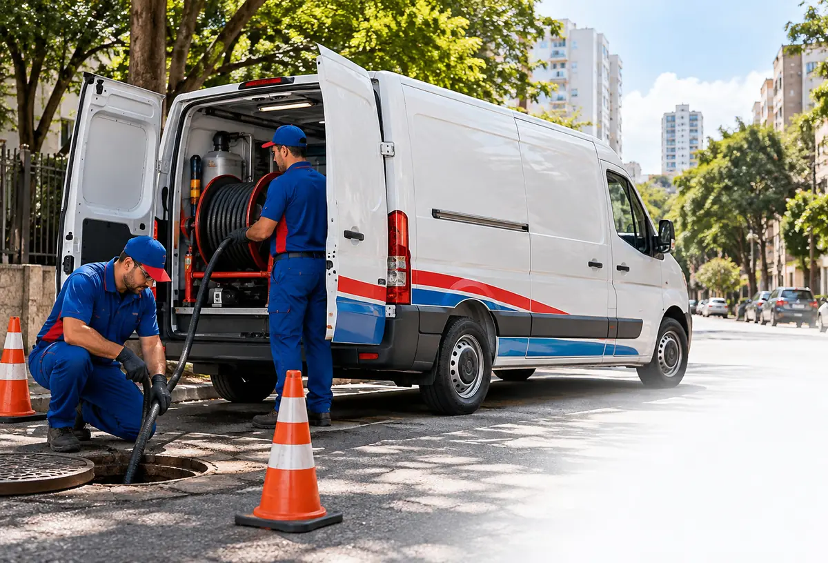 Técnicos da Suprema Desentupidora desentupindo rede de esgoto na rua com furgão equipado com hidrojato