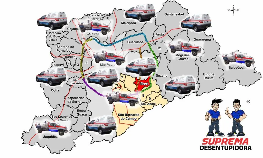Mapa da área de atendimento da Suprema Desentupidora na capital e nas cidades da Grande São Paulo