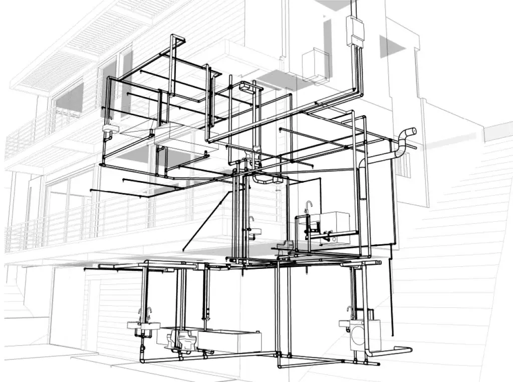 Desenho técnico de projeto de tubulação hidráulica e de esgoto de um prédio