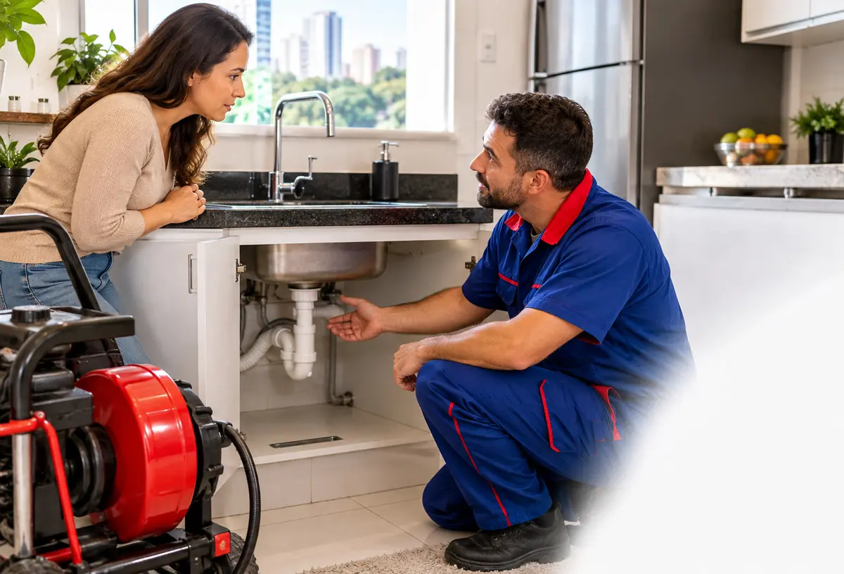 Técnico desentupindo pia de cozinha com máquina rotativa enquanto conversa com a cliente